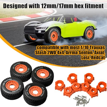1/10 RC Short Course Truck Tire and Wheel- 12mm/17mm Hex, Orange | All-Terrain Tires and Nylon Wheels Compatible with 1/10 Traxxas Slash 4WD 2WD Arrma Senton Axial Losi Redcat RC Buggy, 4-Pack - color: Orange