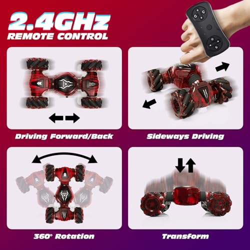 Tecnock Remote Control Car for Boys Girls, 2.4GHz 4WD Gesture Sensing RC Stunt Car Toys - 360° Rotating Double Sided Hand Controlled RC Cars with LED Lights, Gifts for Kids Ages 6-8, 8-12 - color: Deep Red