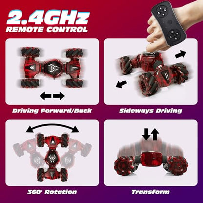 Tecnock Remote Control Car for Boys Girls, 2.4GHz 4WD Gesture Sensing RC Stunt Car Toys - 360° Rotating Double Sided Hand Controlled RC Cars with LED Lights, Gifts for Kids Ages 6-8, 8-12 - color: Deep Red