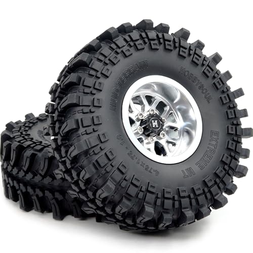 HOBBYSOUL 4pcs 1.9 Beadlock Wheels and Tires 121mm Tall, -10.5mm Negative Offset 1.9'' Rims and tyre for 1/10 RC Crawler SCX10 TRX4 Gen8 Upgrades - color: Silver