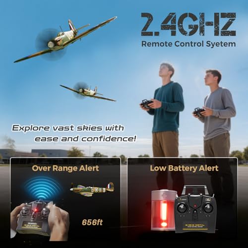 CKYSCHN VOLANTEXR Brushless RC Plane 500mm with X-Pilot Gyro for Adults | Spitfire Fighter 4CH RC Airplane, 3 Level Modes, Aerobatic Outdoor Flying, RTF Remote Control Airplane with 2 Batteries - color: Brown-76805