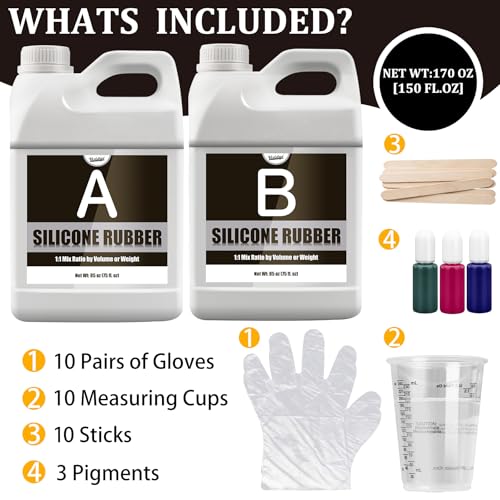 Silicone Mold Making Kit - 170oz Translucent Liquid Silicone Rubber with 3 Color Pigments, 1:1 Mixing for Mold Making, Fast Curing Molding Casting Kit for Resin, Candle Molds, Soap Molds, DIY, Plaster - color: Translucent, 170oz