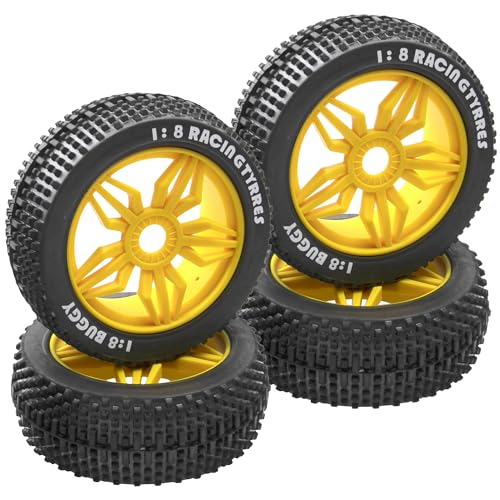 ShareGoo OD 4.52" 1/8 RC Buggy Rubber Tires Tyre w/ 5 Spoke Plastic Rim 17mm Hex Compatible with Arrma Kyosho Exceed RC Traxxas Redcat HSP HPI 1/8 Scale Off Road Car Buggy (Yellow) - color: Yellow