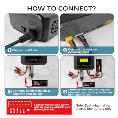 LiPo Battery Charger Dual 10A Fast Balance Charger Discharger for RC Car | Large Screen Battery Charger for 1-6S LiPo LiHV Li-ion LiFe 1-15S NiCD NiMH 2-20V PB Smart Batteries RC Car Aircraft Drone - color: Gray