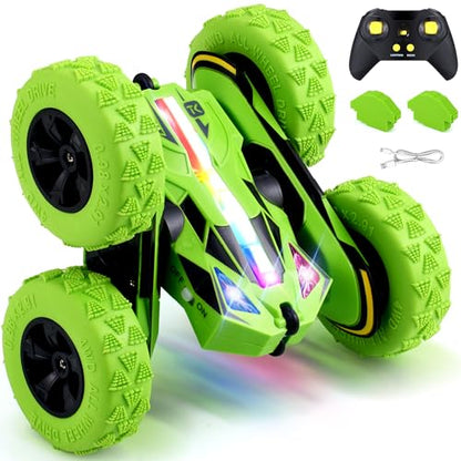 Threeking Remote Control Flip Stunt Car Double Sided Driving Crawler Toys | Quick-Swap Modular Battery Durable RC Cars with Auto Demo Breathing Soft Lights Gifts for Boys Girls Ages 6-12 - color: Green-up