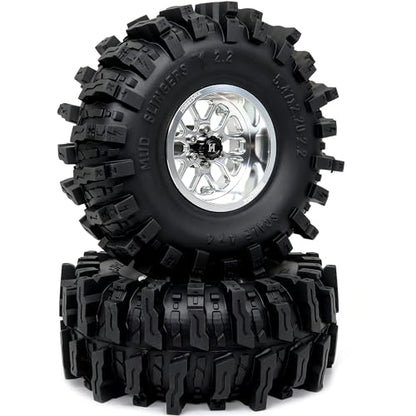 HOBBYSOUL 5.47'' Tall Mud Slingers X RC Crawler 2.2 Wheels Tires,4-Pack | -11mm negative offset silver beadlock wheel rims,T8 Compound Tire, For 1/10 RC Crawlers Truck Upgrades - color: Silver, size: 139mm / 5.47inch Tall