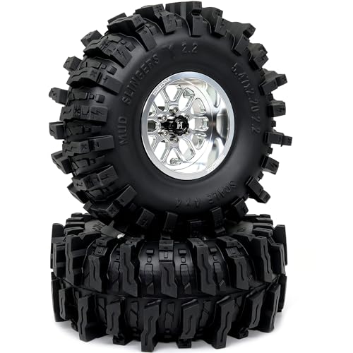 5.47'' Tall Mud Slingers X RC Crawler 2.2 Wheels Tires,4-Pack | -11mm negative offset silver beadlock wheel rims,T8 Compound Tire, For 1/10 RC Crawlers Truck Upgrades - color: Silver, size: 139mm / 5.47inch Tall