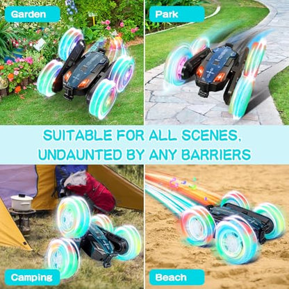 Remote Control Car - Double-Sided 360° Rotating, 4WD, 2.4GHz Rechargeable with LED Light and Music, RC Stunt Cars Toy for Boys and Girls on Birthdays Blue