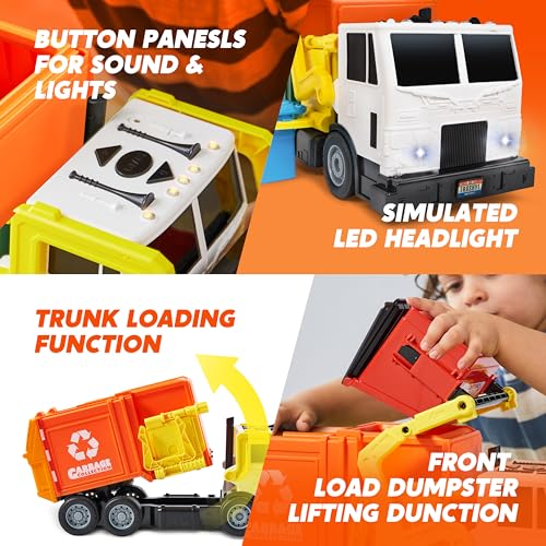 JOYIN Large Friction Powered Garbage Truck Toy Set, Includes Dumpster, Trash Bins, and Learning Cards for Kids, Orange - color: Orange