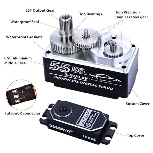 55kg Low-Profile Servo Programmable Brushless Digital Servo 0.09Sec High Speed Full Metal Gear Steering servo 1/10 Drift Car with servo Motor kit (180 Degree)
