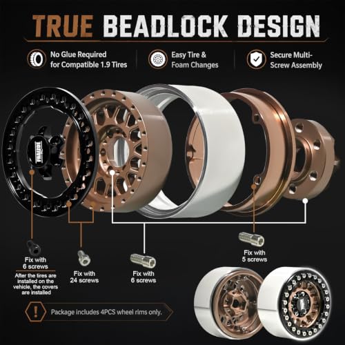 4PCS 1.9" RC Beadlock Wheels with12mm Hex & -6mm Offset Aluminum 30mm Wide Rims for 1/10 RC Crawler, Compatible with TRX4 TRX6 SCX10 SCX10 II III Gen8 RC4WD D90 90046 AXI03007 - color: Black-Bronze