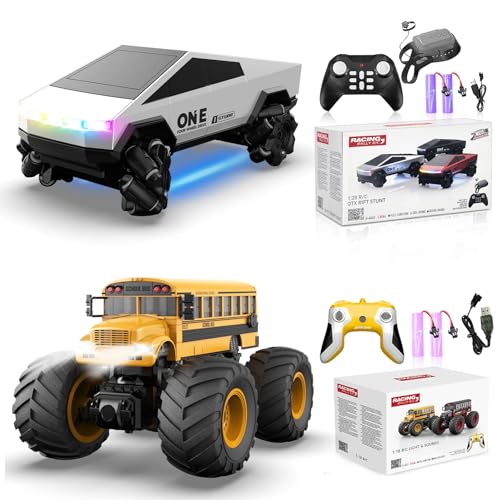 1/28 Gesture Sensing RC Stunt Car for 6-12+ Boys Girls, Seven Light Modes Cool RC Cars & 1/18 Remote Control School Bus Toy for Kids, 2.4GHz All Terrain RC Car with LED Lights & Sound