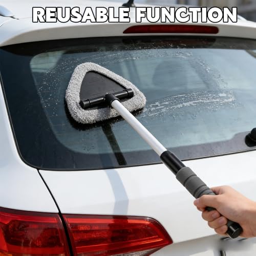 Windshield Cleaning Tool, Car Window Cleaner Tool, Vehicle Window Cleaning Kit with Extendable Handle & 4 Washable Microfiber Pad, Auto Interior Exterior Glass Wiper Cleaner for Office Home