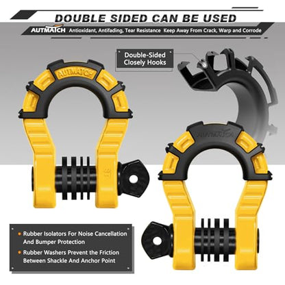 AUTMATCH D Ring Shackles 3/4" Mega Shackle (2 Pack) 68,000Ibs Break Strength - Heavy Duty Clevis Shackles with 7/8" Screw Pin and Isolator Washer for Tow Strap Winch Off Road Vehicle Recovery, Yellow - color: Yellow & Black