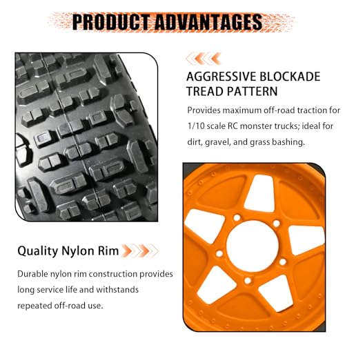 3.8" MT Monster Truck All Terrain Tires with Foam Insert - 17mm/14mm/12mm Hex Adapters Included for TRAXXAS Sledge ARRMA Kraton Outcast Tamiya HSP (Set of 4) Replacement Part of AR510092 - color: Orange