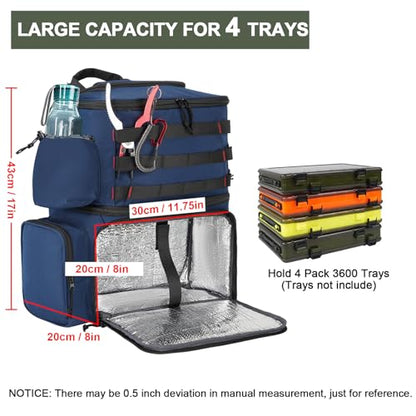 MATEIN Fishing Backpack, Tackle Storage Bag with Rod Holders & Cooler | Water Resistant Fishing Bag Fits 4 3600 Trays, Large Wide Open Tackle Box Backpack, Gifts for Fishermen - color: Blue