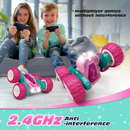 Tecnock Pink Remote Control Car for Girls and Boys, 2.4GHz RC Cars with USB-C Easy Charging, 4WD Double Sided 360° Rotates and Flips RC Stunt Car, Toys Gift for Kids Ages 6-8, 8-12 - color: Pink