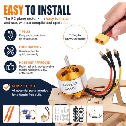 RC Plane Motor Kit, SG90 Servo 2212 KV2200 Brushless Motor 6035 Propeller RC Remote Control Aircraft 40A XT60T Fixed Wing Plane for RC Plane Helicopter