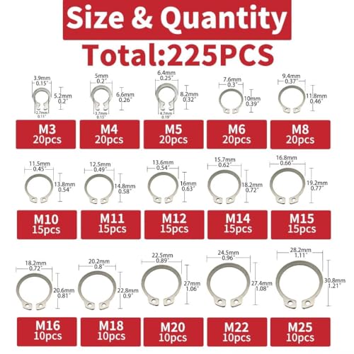 225Pcs External Retaining Rings Snap Rings Assortment Kit, 304 Stainless Steel External C-Clip Set, 15 Sizes Circlip Snap Rings M3 - M25 - size: 225pcs C-clip stainless steels