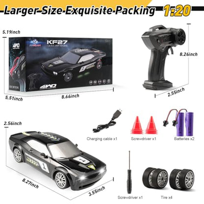jaming KF27 Remote Control Car,RC Cars for Kids,1:20 4WD RC Drift Car with LED Lights, High-Speed Competitive 2.4G Cars for Drift and Race, Children's Gifts and Toys(Black 2-Battery)