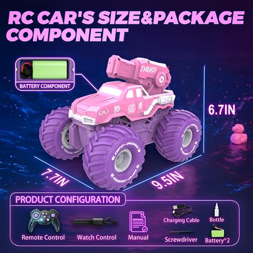 BEZGAR Amphibious Remote Control Car - Pink Monster Truck for Girls | 1:16 Scale RC Boats 2.4GHz Waterproof with Shooting Water Pistol, 4WD All-terrian Off-Road Pickup Outdoor, Girls Kids Gifts - color: Pink