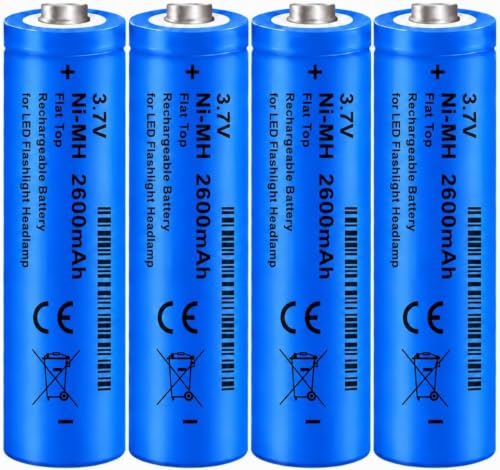 Batteries 2600mAh 4 Pack 3.7V 9.62wh Button Top Rechargeable Battery Ni-MH, for LED Flashlight, Headlamps, Doorbells, RC Cars, Solar Lights, Remote Controls, Mini Fans