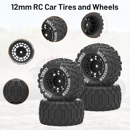1/16 RC Car Tires and Wheels, daitoku 12mm Hex RC Truck Tires for MiniX Mini XRT 1/16 MJX 16207 16210 16209 16208 HSP 94186 Traxxas E-Revo LOSI 1/18 Mini LMT - Style B (Black) - color: Black
