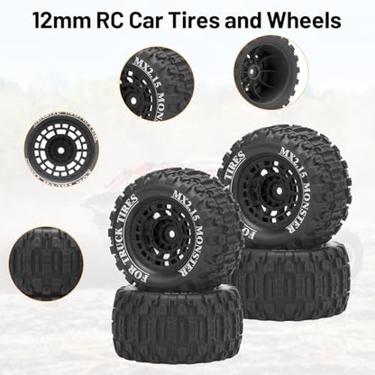 1/16 RC Car Tires and Wheels, daitoku 12mm Hex RC Truck Tires for MiniX Mini XRT 1/16 MJX 16207 16210 16209 16208 HSP 94186 Traxxas E-Revo LOSI 1/18 Mini LMT - Style B (Black) - color: Black