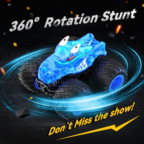 AUUGUU Remote Control Car, 2.4GHz Monster Trucks Toys with Light Spray, Birthday Gift for Kids 3 4 5 6 7 8, All Terrain RC Cars, Toddler Toys for Boys Girls 3+ Year Old - style: Dinosaur-blue
