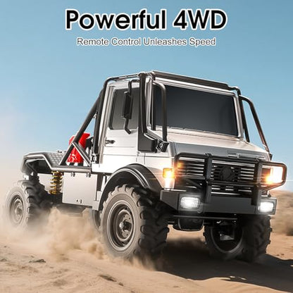 RC Semi Truck, 1:18 Scale RC Crawler, MN-333 Remote Control Car, 2.4GHz 4WD All Terrain Off Road RC Truck Transport Vehicle with LED Lights and 2 Batteries for Adults (Silver) - color: Silver