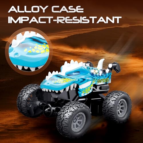 MOONTOY Dinosaur Remote Control Car, Mini Remote Control Truck with 360° Spins, 2.4GHz Rc Car with Lights and Rechargeable Batteries, Metal Body Monster Truck Toys for Kids and Adults(Yellow)