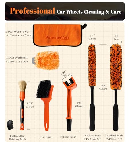 YeewayVeh 7PCS Motorcycle Cleaning Kit, 2-Size Bendable Wheel Brush, Orange | Tire & Chain Brush, Boars Hair Detailing, Wash Mitt, Microfiber Towel for Dirt Bike & Car Wheels