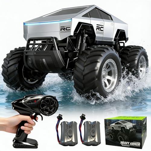 Amphibious Remote Control Truck Toy, 1:16 4WD 2.4GHz Waterproof RC Monster Car Off Road All-Terrain with Headlights and Rechargeable Battery Gifts for Kids Adults Age 6+
