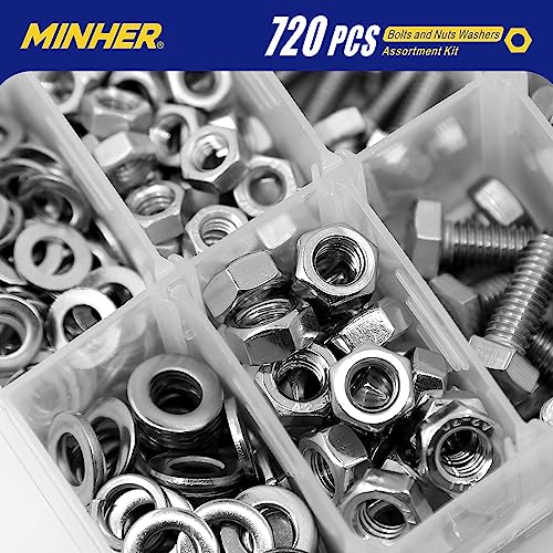 MINHER 720PCS M4 M5 M6 Bolts and Nuts Assortment Kit 304 Stainless Steel(18-8) Hex Screws Nuts & Washers, Includes 15 regular sizes