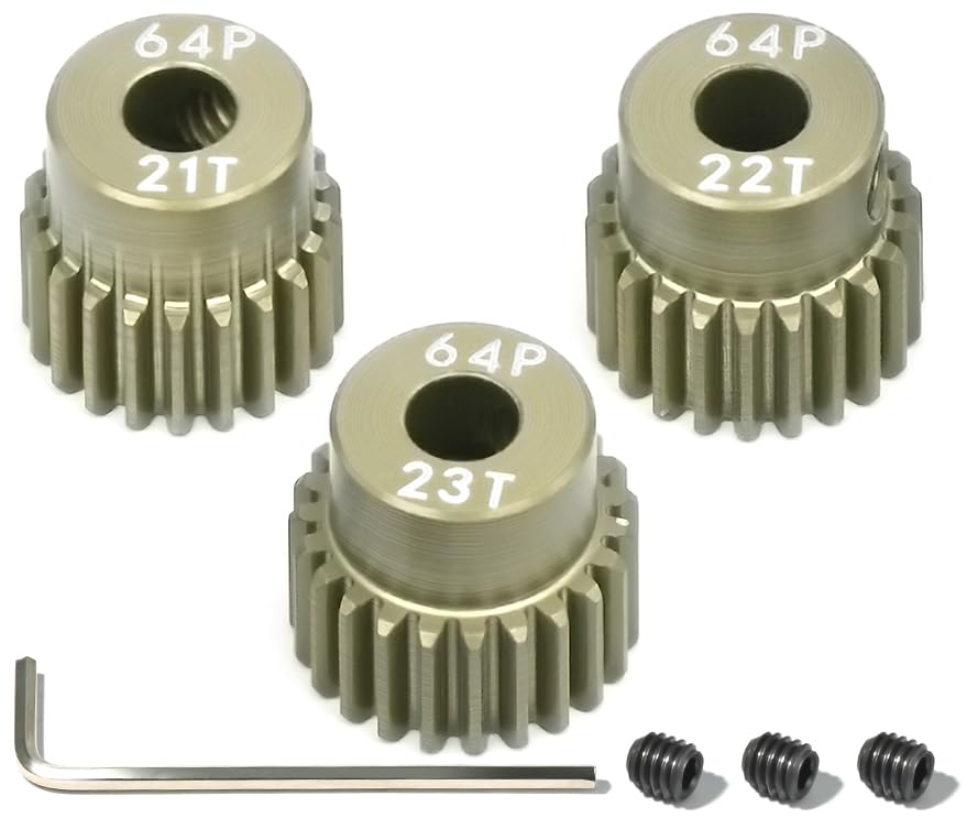 64P Pinion Gear 3.175mm Shaft 7075 Aluminum Alloy Motor Gears,0.6 Metric Pitch 21 22 23T with 1/8 Hole Pinion Gear Compatible with 1/10 Arrma HPI Kyosho Losi Axial Traxxas Tamiya RC Car - size: 21 22 23T
