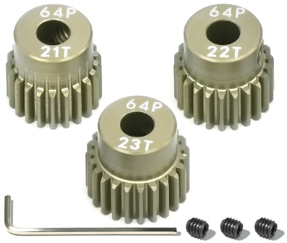 64P Pinion Gear 3.175mm Shaft 7075 Aluminum Alloy Motor Gears,0.6 Metric Pitch 21 22 23T with 1/8 Hole Pinion Gear Compatible with 1/10 Arrma HPI Kyosho Losi Axial Traxxas Tamiya RC Car - size: 21 22 23T