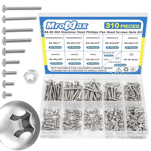 #4-40 Phillips Pan Head Machine Screws Nuts Assortment Kit, 3/16"-1" Length | 310Pcs, 304 Stainless Steel 18-8, UNC Fully Threaded, 9 Sizes for RC Models, 3D Printers, Robotics, Electronics Enclosures - size: #4-40