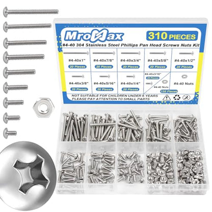#4-40 Phillips Pan Head Machine Screws Nuts Assortment Kit, 3/16"-1" Length | 310Pcs, 304 Stainless Steel 18-8, UNC Fully Threaded, 9 Sizes for RC Models, 3D Printers, Robotics, Electronics Enclosures - size: #4-40