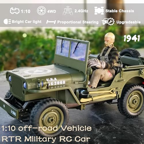 1/10 Willys RC Jeep Toy, 2.4GHz 4x4 Off-Road Crawler | RTR with 2 Batteries, All Terrain Remote Control Truck Vehicle for Kids & Adults - color: C8815-oliver Green