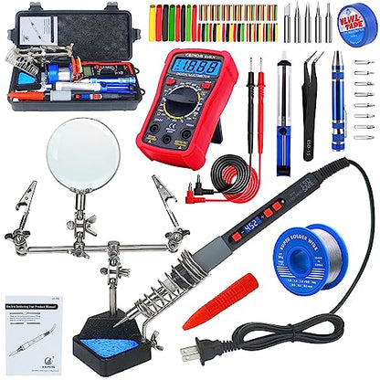 Soldering Iron Kit, 80W Electric Solder iron, Adjustable Temperature (180°C- 500°C）, With Multimeter, Magnifier Welding Helping Hand, Heat shrink tubing, Solder Wire, Desoldering pump. - color: Red (14-in-1 Soldering Iron Kit)