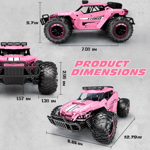 Tecnock Pink RC Car 1/16 Scale Remote Control Car for Girls, High Speed 20 Km/h All Terrains Rc Monster Truck with Two Rechargeable Batteries & Head Chassis Lights Gift Toy for Kids Adults - color: Pink
