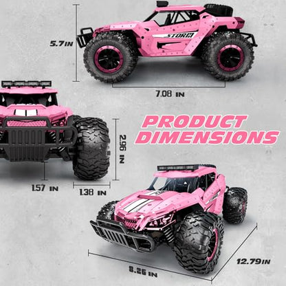 Tecnock Pink RC Car 1/16 Scale Remote Control Car for Girls, High Speed 20 Km/h All Terrains Rc Monster Truck with Two Rechargeable Batteries & Head Chassis Lights Gift Toy for Kids Adults - color: Pink