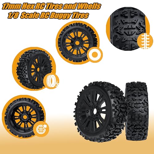 1/8 Scale RC Buggy Tires 17mm Hex RC Wheels and Tires PreGlued 17mm Hex 1/8 RC Buggy Tires and Wheels with Foam Inserts, for Arrma Typhon 6S 3S Talion 6S, Team Losi 8IGHT, HPI 4PCS - color: Black With Rc Wrench
