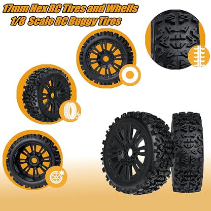 1/8 Scale RC Buggy Tires 17mm Hex RC Wheels and Tires PreGlued 17mm Hex 1/8 RC Buggy Tires and Wheels with Foam Inserts, for Arrma Typhon 6S 3S Talion 6S, Team Losi 8IGHT, HPI 4PCS - color: Black With Rc Wrench