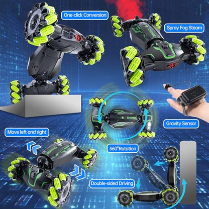Remote Control Car for Boys, 4WD Gesture Sensing RC Stunt Car with Cool Music Light, 360° Rotating Flips Off-Road Vehicle Twist Car Toys for Kids Age 6-12 (Green) - color: L-green