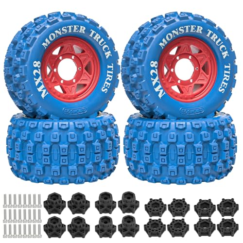 LRFHL MX28 F/R 2.8" RC Monster Truck Tires and Wheels 4PCS, Blue | 12mm/14mm Hex Adapter, 1/10 RC Monster Truck, Compatible with Traxxas Stampede Rustler Redcat Arrma Vorteks Big Rock Granite - color: Blue Tires+ Red Hex Wheel-4