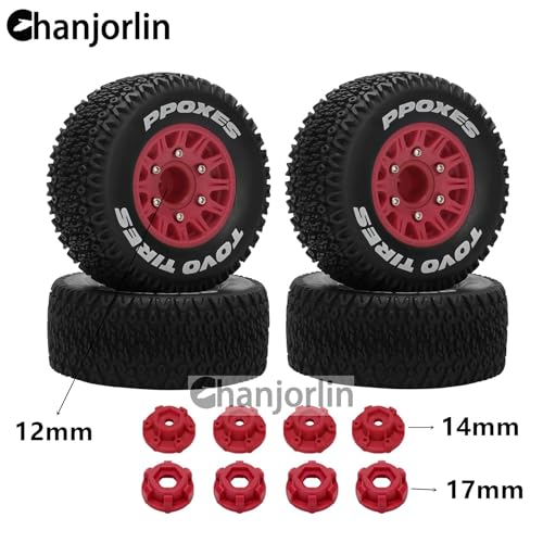 1/10 1/8 RC Short Course Truck Tires OD 112mm and Wheels 12mm 14mm 17mm Hex for 1:8 1:10 Scale Off Road Truck Car Traxxas Slash 2WD 4×4 Axial Losi Redcat Rc4wd Arrma Senton 4PCS (Red) - color: Red