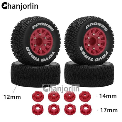1/10 1/8 RC Short Course Truck Tires OD 112mm and Wheels 12mm 14mm 17mm Hex for 1:8 1:10 Scale Off Road Truck Car Traxxas Slash 2WD 4×4 Axial Losi Redcat Rc4wd Arrma Senton 4PCS (Red) - color: Red