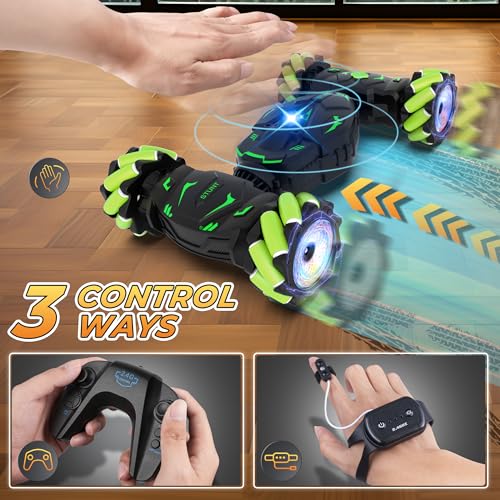 RC Stunt Cars Gesture Sensing Remote Control Car for Boys Gifts Toys, Green | 2.4Ghz Hand Controlled Car with Lights Music Sprayer, 360° Rotation, Drift, 4WD Off-Road, Birthday Xmas Gifts Toys for Kids - color: Green