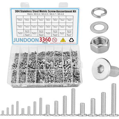 3360Pcs M2 M3 M4 M5 Stainless Steel Ultra Low Flat Head Hex Socket Cap Screws Assortment Kit, 304 Stainless Steel Metric Machine Screws with Hex Nuts, Flat Washers, Lock Washers - color: 3360 M2 M3 M4 M5 U